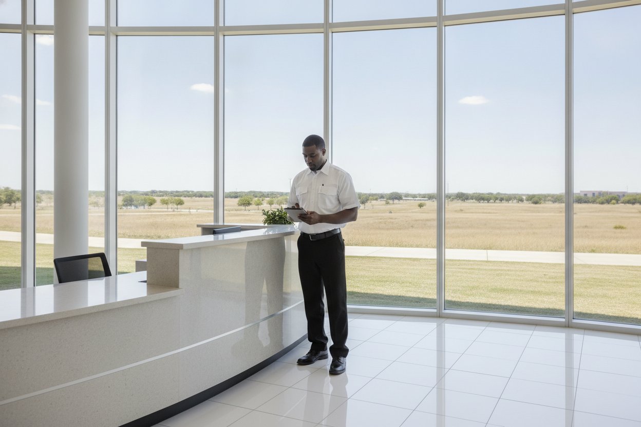 Unarmed Level II security officer working a corporate lobby badge desk in Lewisville, Texas