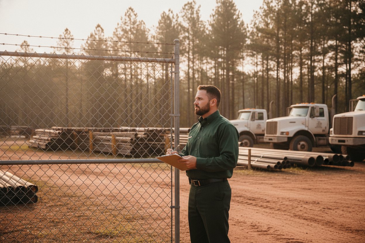 Unarmed Level II security officer at an oilfield service yard gate in Longview, Texas