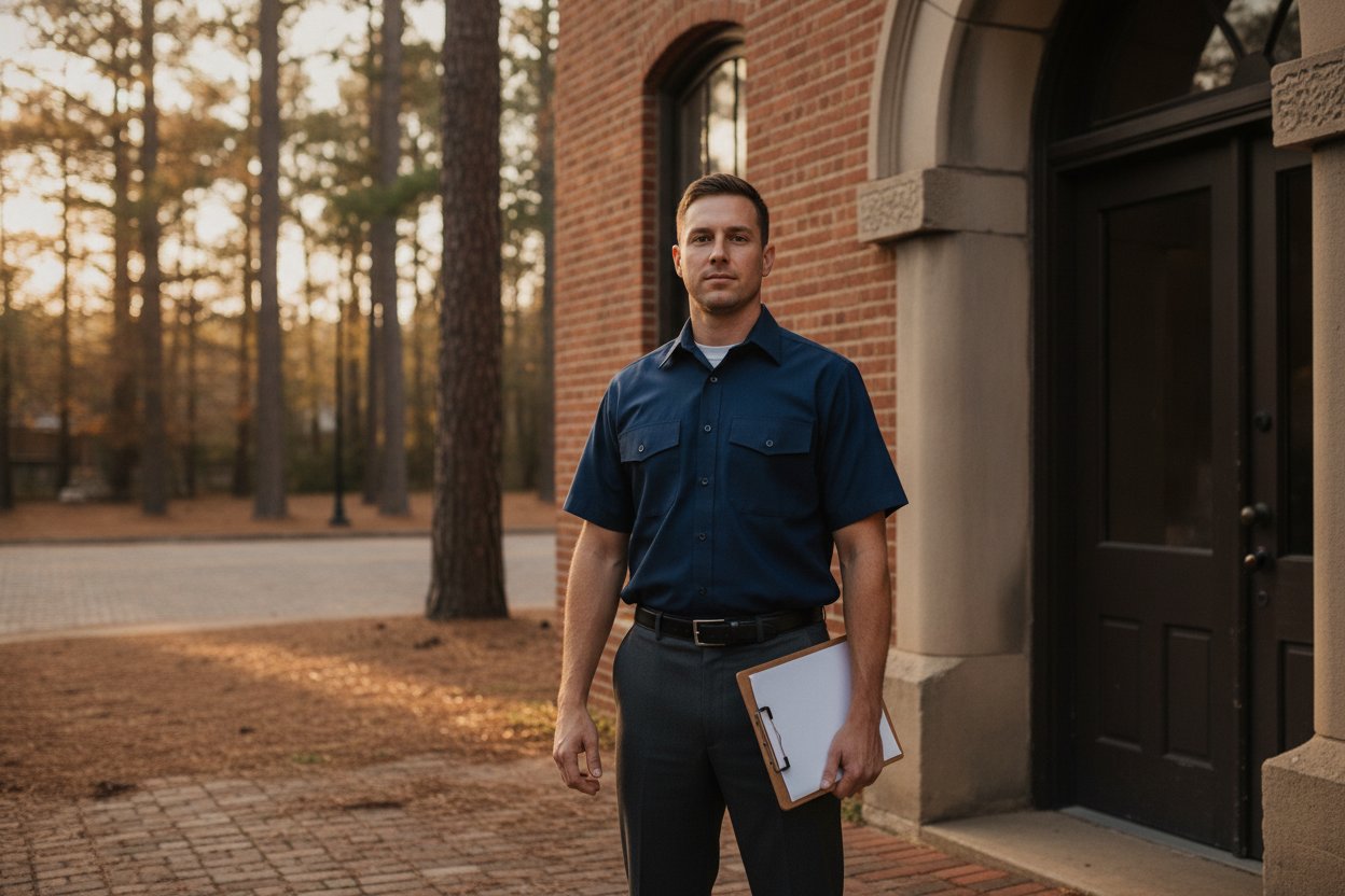 Unarmed Level 2 security officer at a downtown municipal building entrance in Marshall, Texas