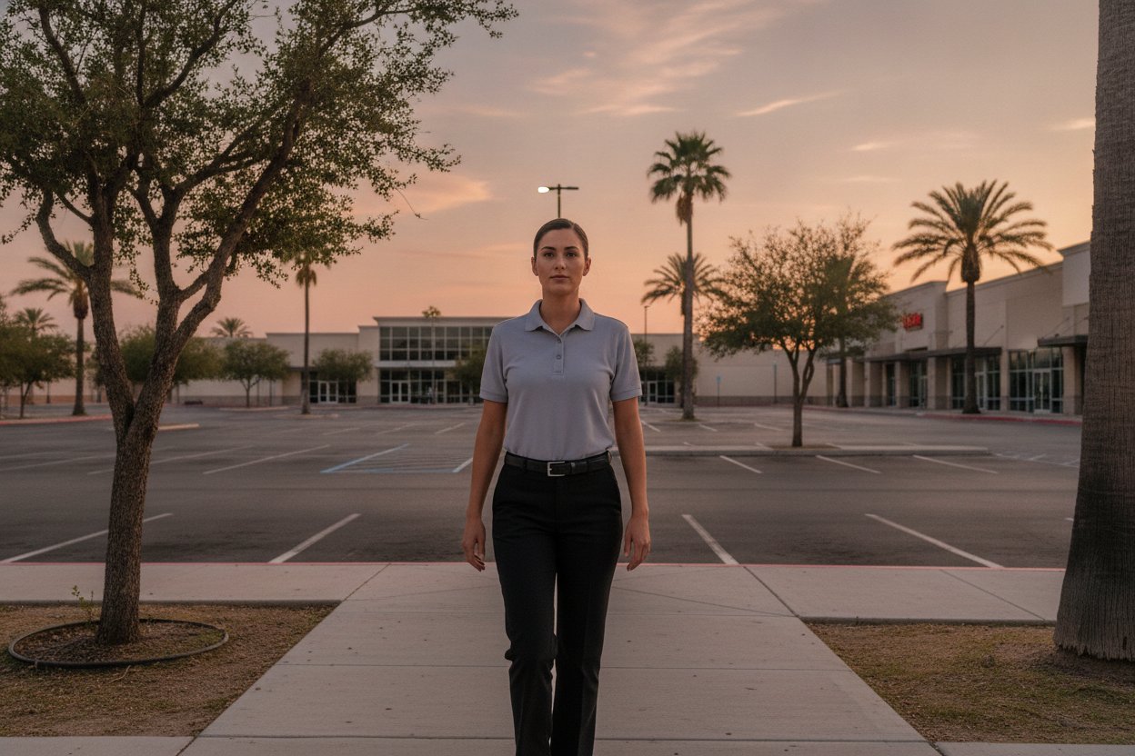 Unarmed Level II security officer patrolling a retail center at dusk in McAllen, Texas