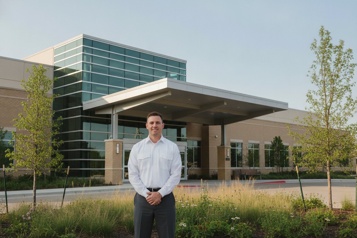 Unarmed Level 2 security officer at a medical center entrance in McKinney, Texas