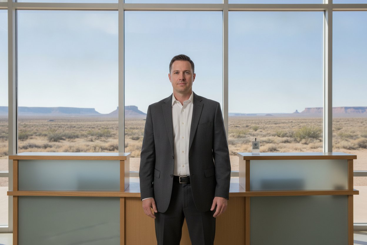 Unarmed Level II security officer at a corporate lobby reception desk in Midland, Texas