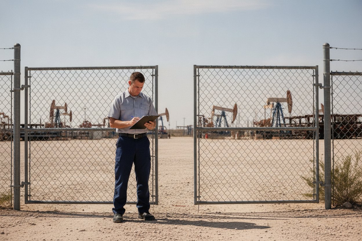 Unarmed Level II security officer at an industrial yard gate in Odessa, Texas