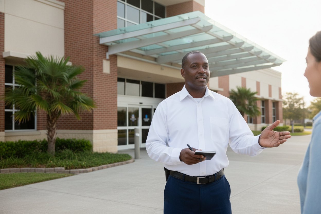 Unarmed Level 2 security officer at a medical center entrance in Pearland, Texas
