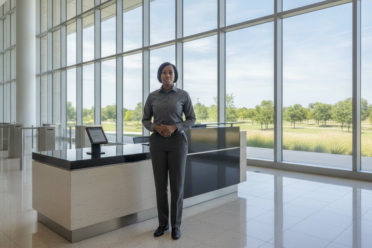 Unarmed Level II security officer at a corporate lobby badge desk in Plano, Texas