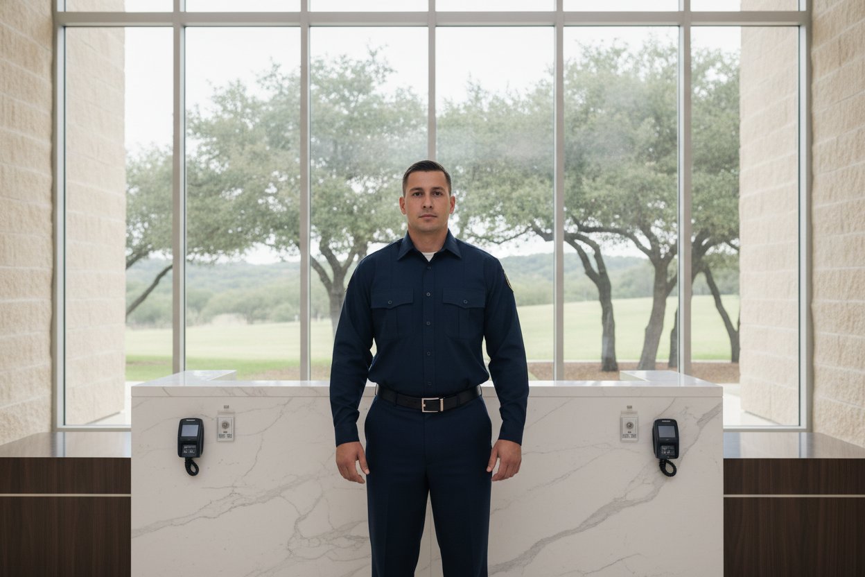 Unarmed Level II security officer at a corporate office park reception desk in Round Rock, Texas