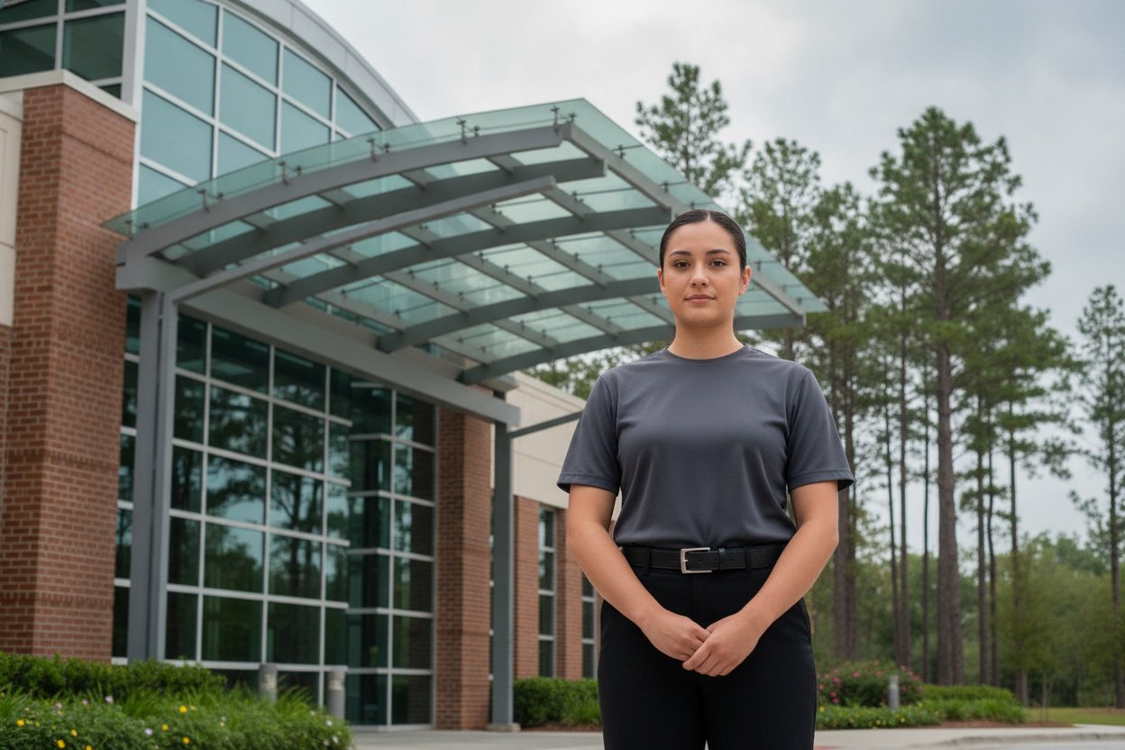 Unarmed Level 2 security officer at a medical center entrance in The Woodlands, Texas