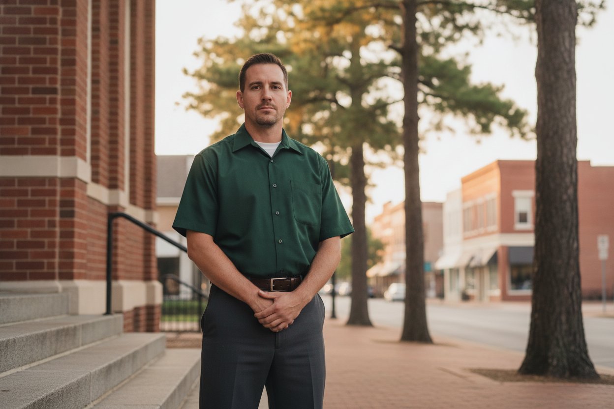 Unarmed Level 2 security officer outside a downtown municipal building in Tyler, Texas