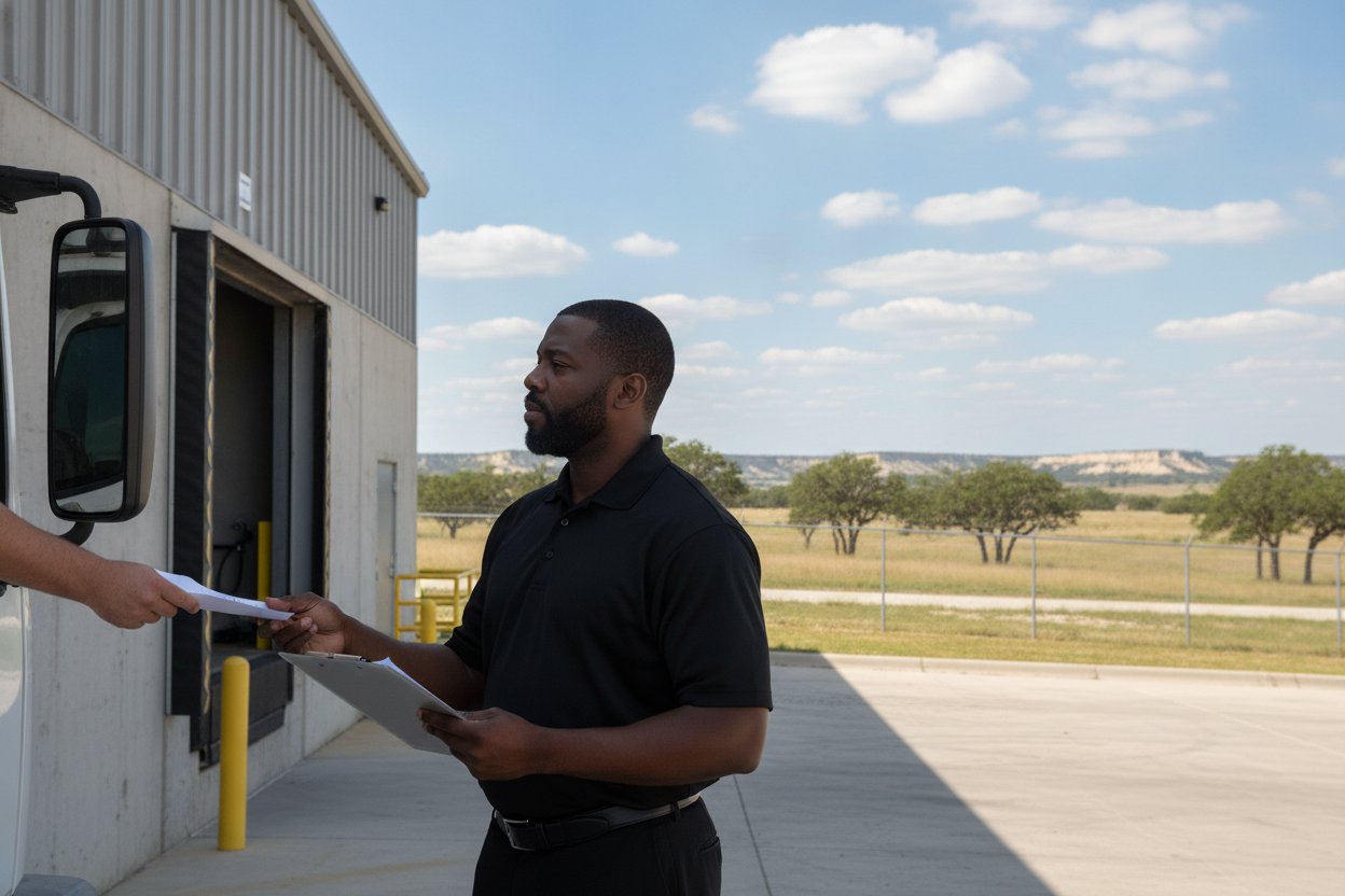 Unarmed Level 2 security officer at a distribution warehouse dock gate in Waco, Texas