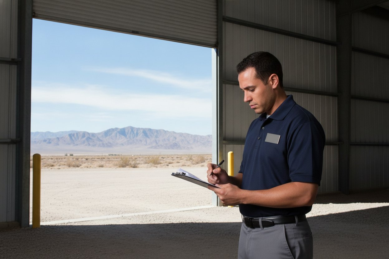 Unarmed Level 2 security officer logging a delivery at a desert warehouse door near El Paso, Texas