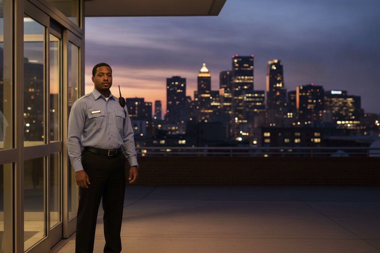 Unarmed Level 2 security officer outside a hospital entrance at dusk with the Houston, Texas skyline behind