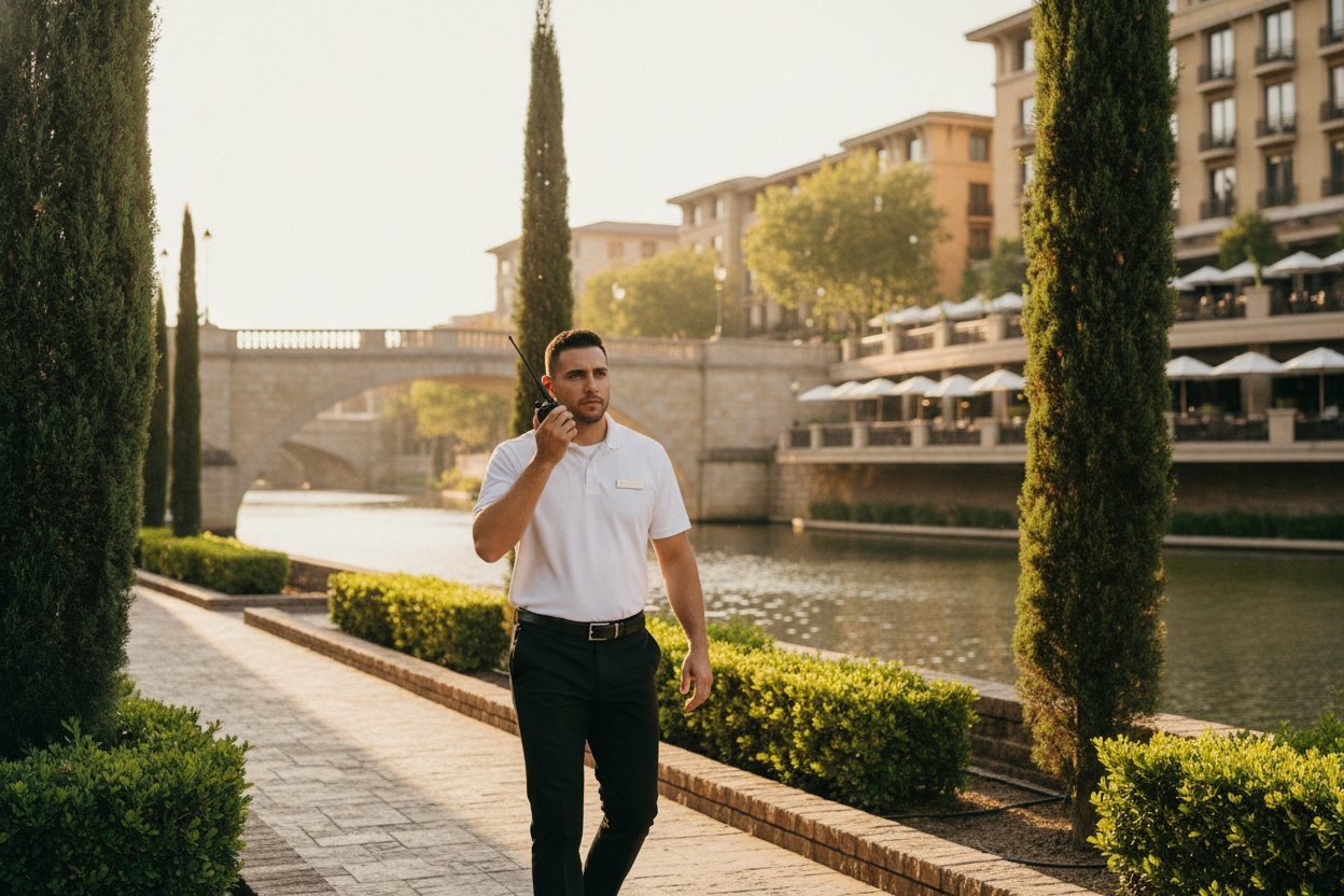 Unarmed Level 2 security officer on radio patrol along a downtown river walkway in San Antonio, Texas