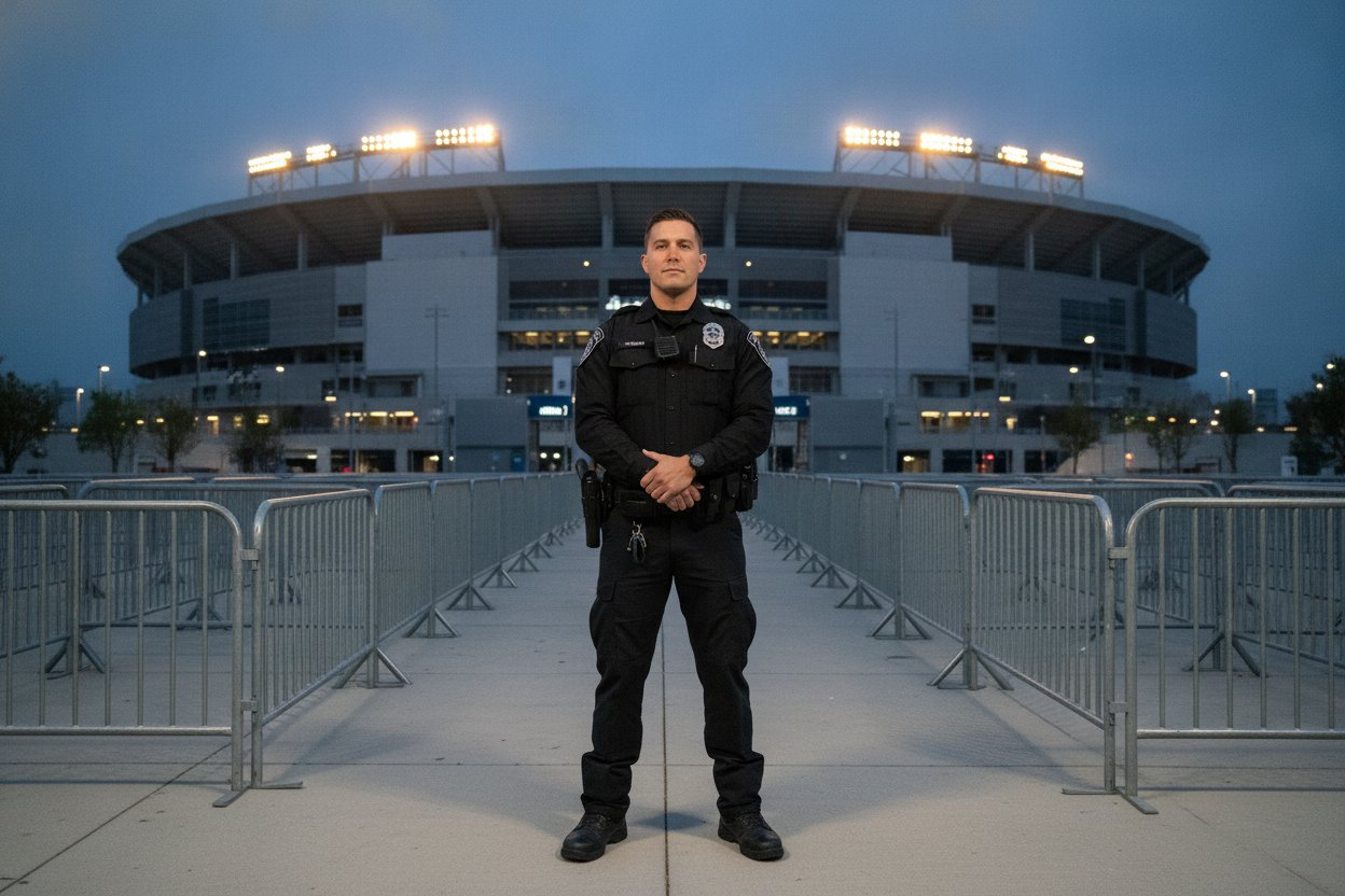 Commissioned security officer working event security at an Arlington, Texas stadium