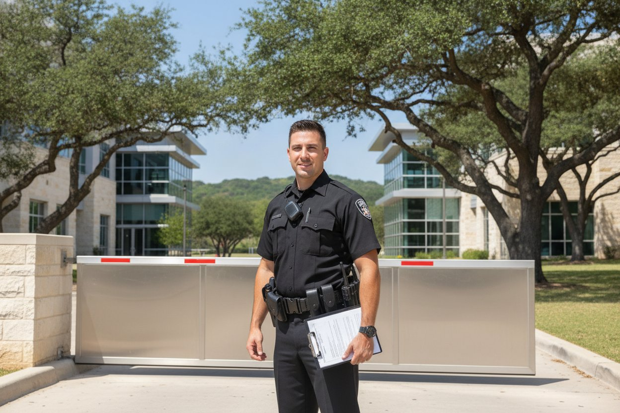 Commissioned security officer at a corporate campus gate in Austin, Texas