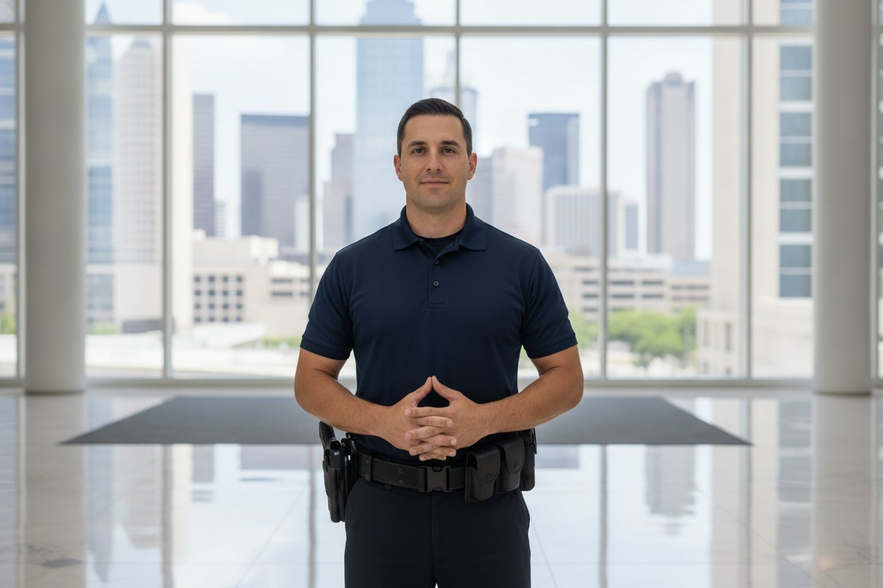Commissioned security officer in a Dallas, Texas office lobby