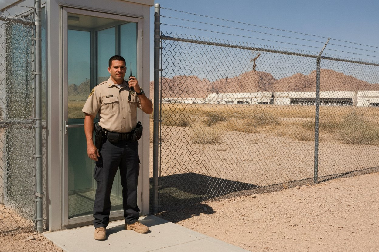 Commissioned security officer at a gate post outside El Paso, Texas