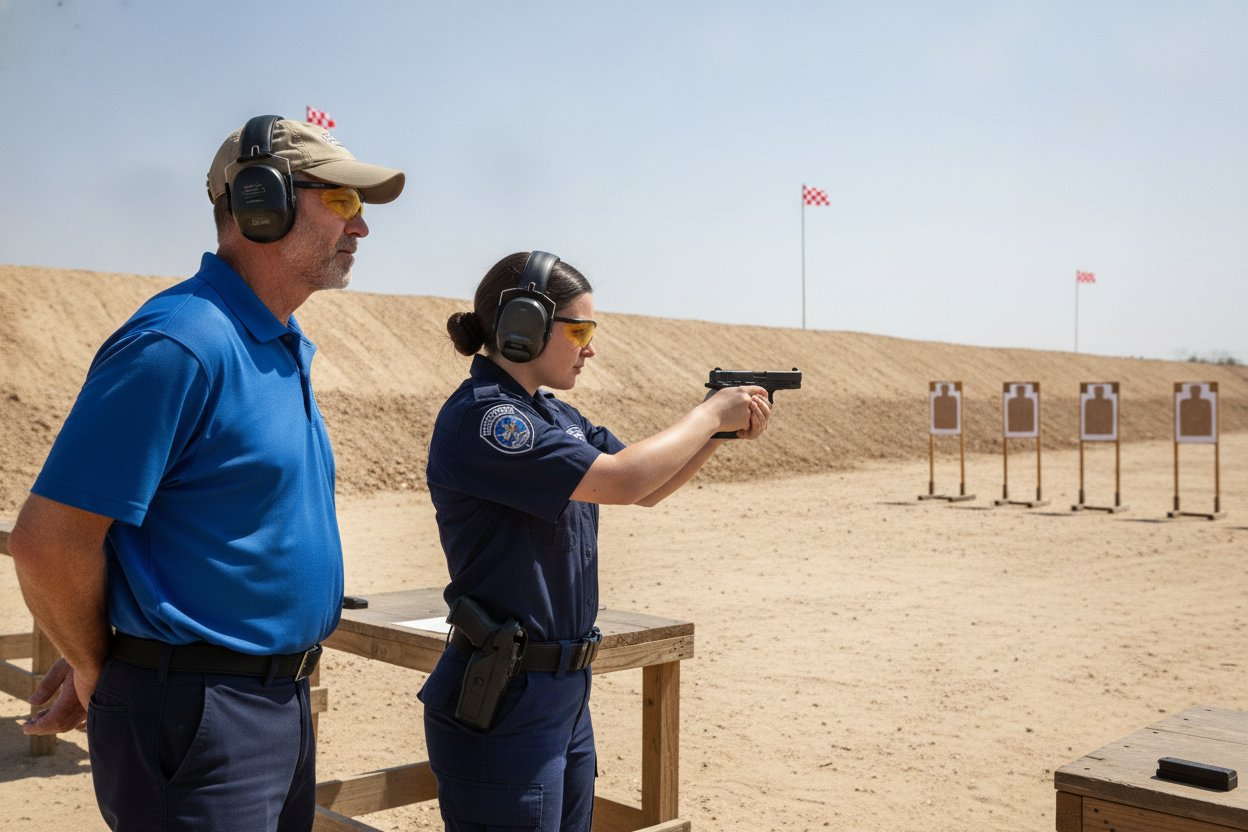Security officer completing a firearms proficiency qualification at a Fort Worth, Texas range