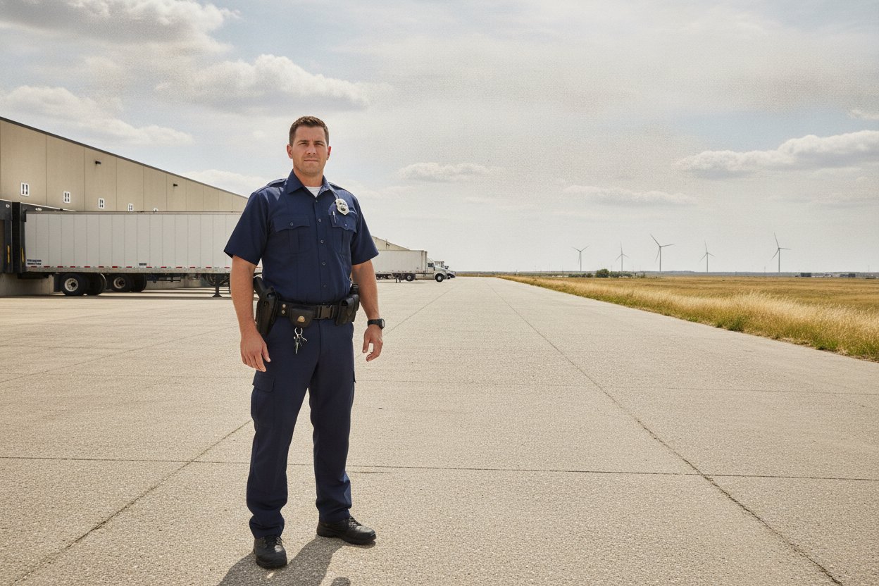 Commissioned security officer at a distribution warehouse dock in Abilene, Texas