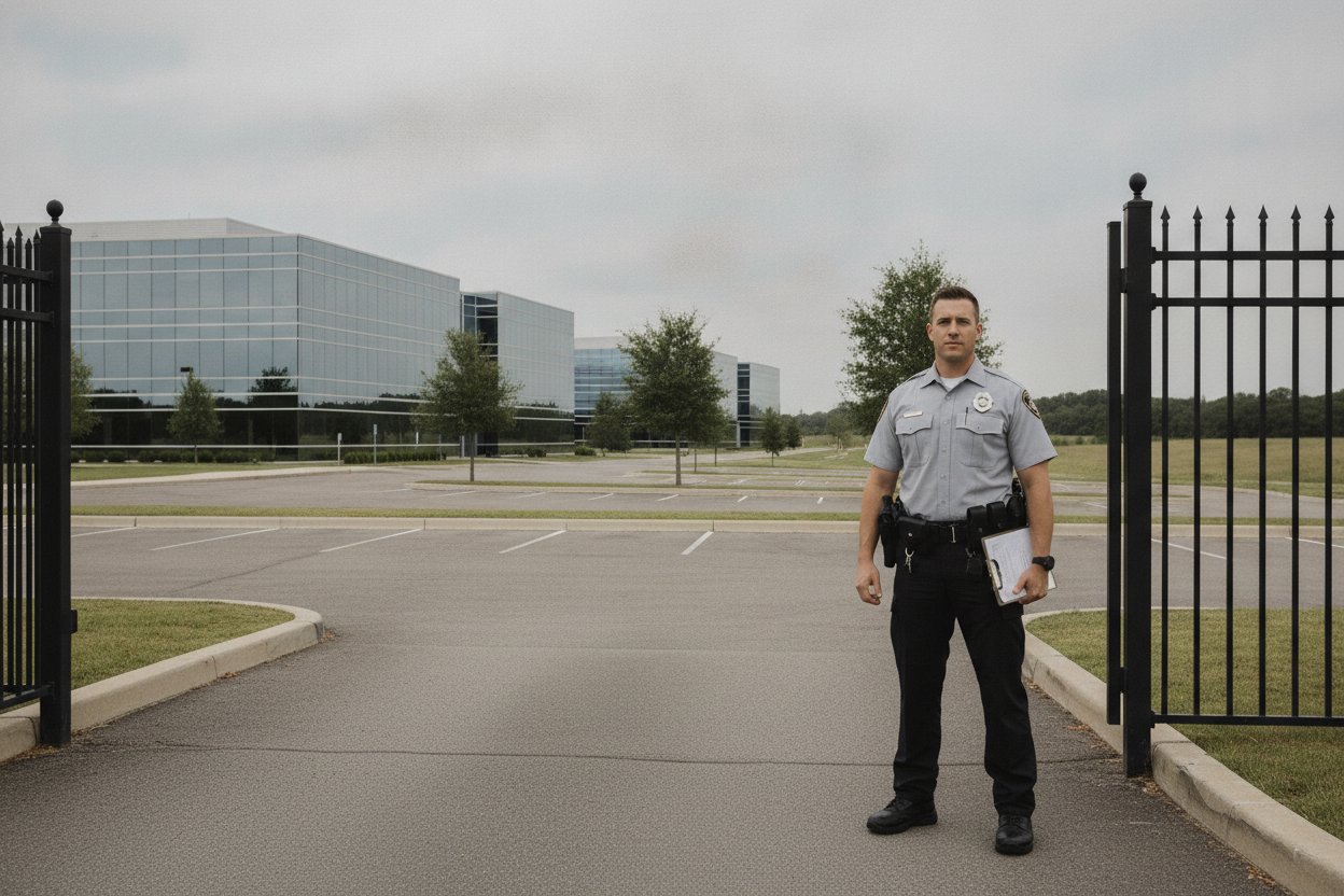 Armed security officer at a corporate office park gate in Allen, Texas