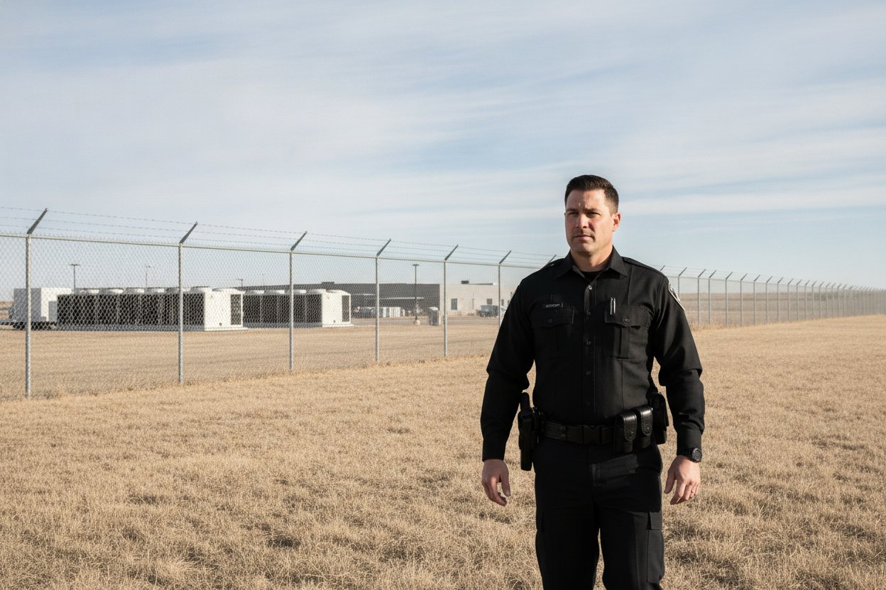 Commissioned security officer patrolling a data center perimeter near Amarillo, Texas