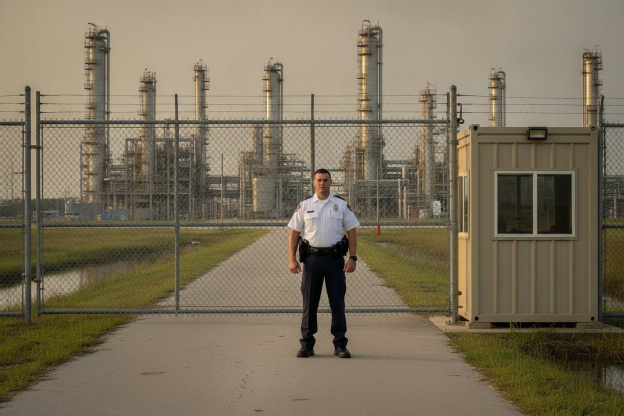 Armed security officer at an industrial plant gate in Beaumont, Texas