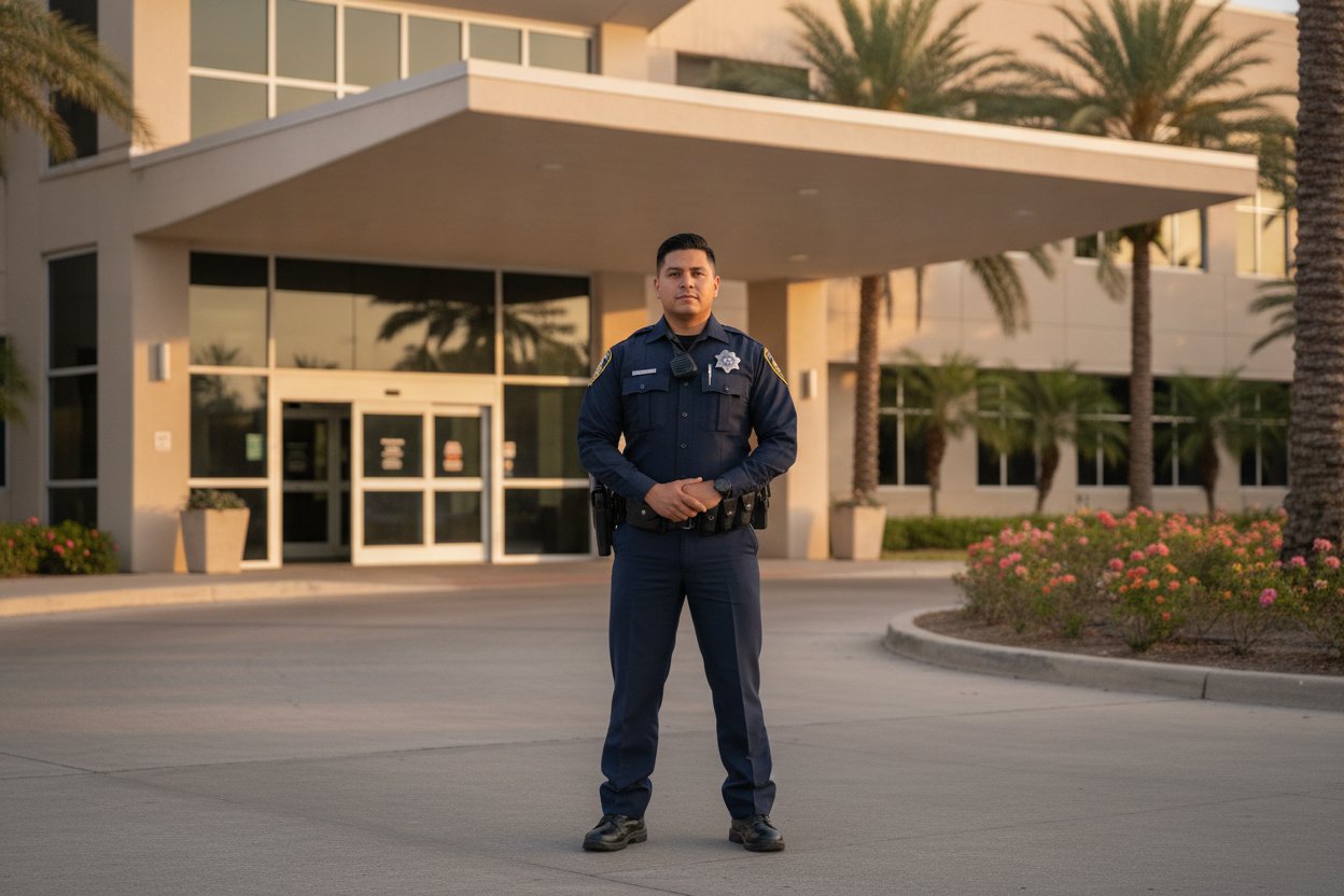 Commissioned security officer at a medical center entrance in Brownsville, Texas