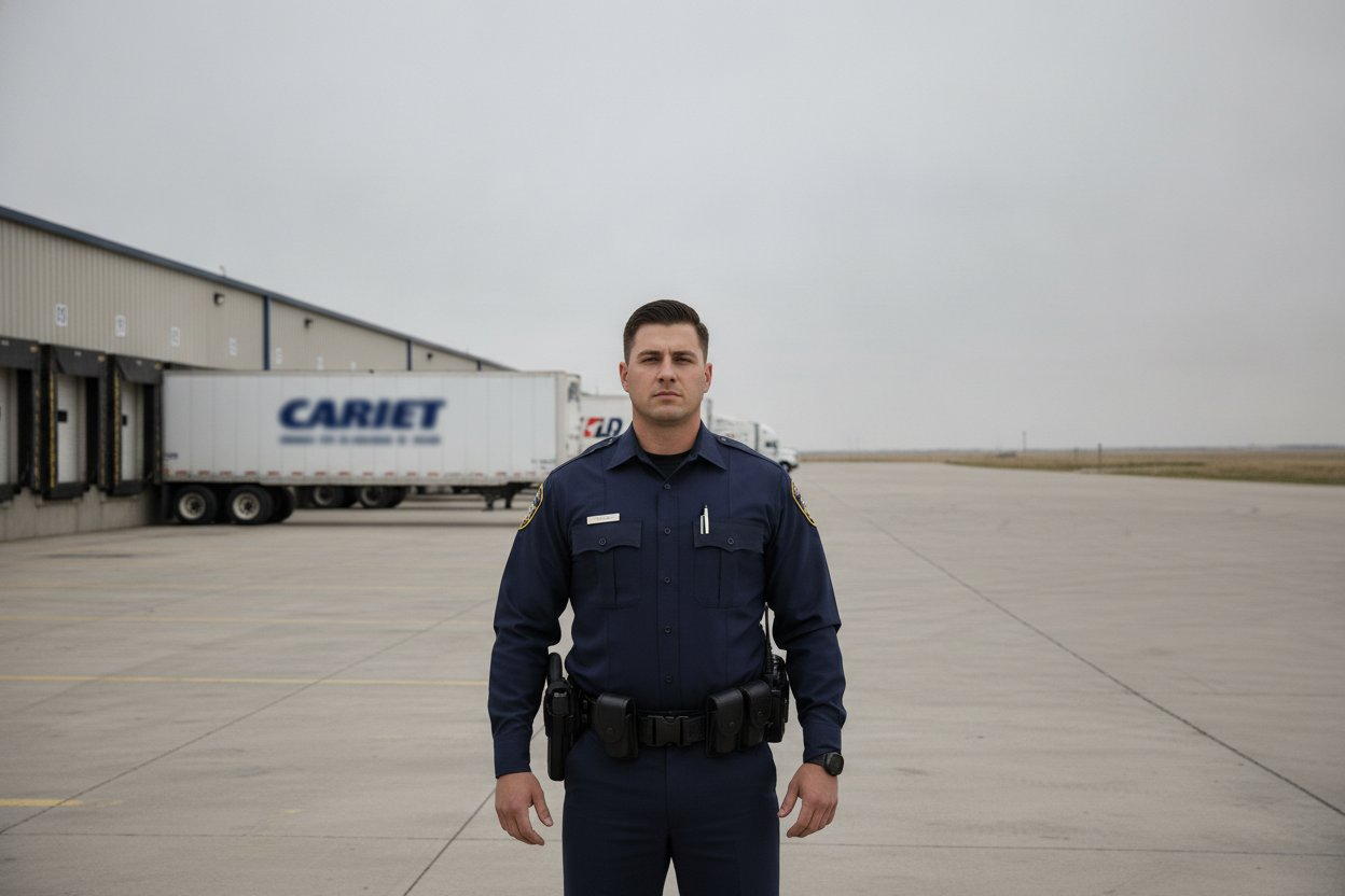 Commissioned security officer on duty at a distribution warehouse dock in Carrollton, Texas