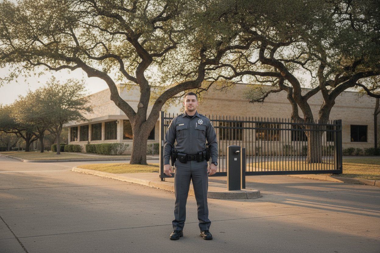 Commissioned security officer at a campus gate in College Station, Texas