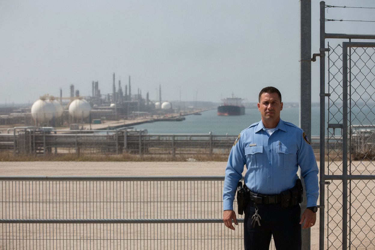Commissioned security officer at a refinery gate in Corpus Christi, Texas