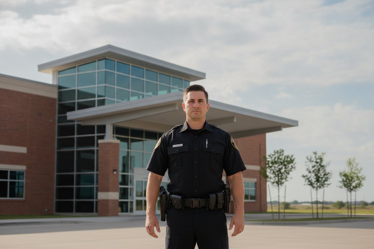 Commissioned security officer at a medical center entrance in Denton, Texas