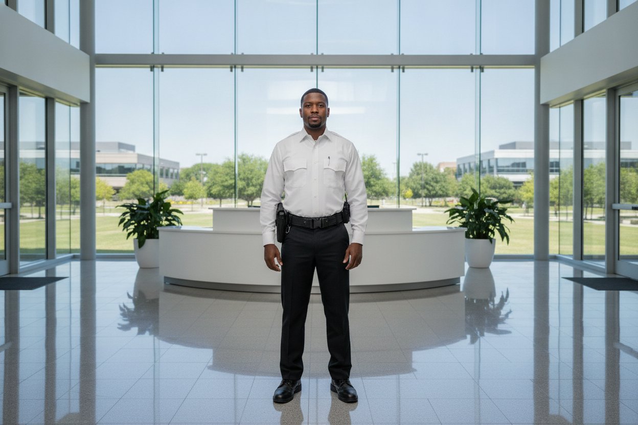 Commissioned security officer in a corporate office lobby in Frisco, Texas