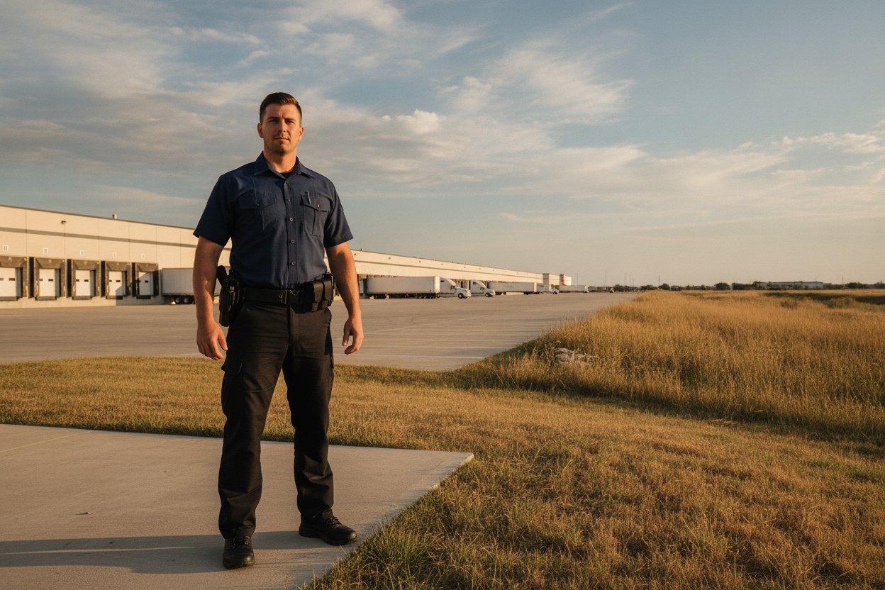 Commissioned armed security officer on duty at a distribution warehouse dock in Garland, Texas