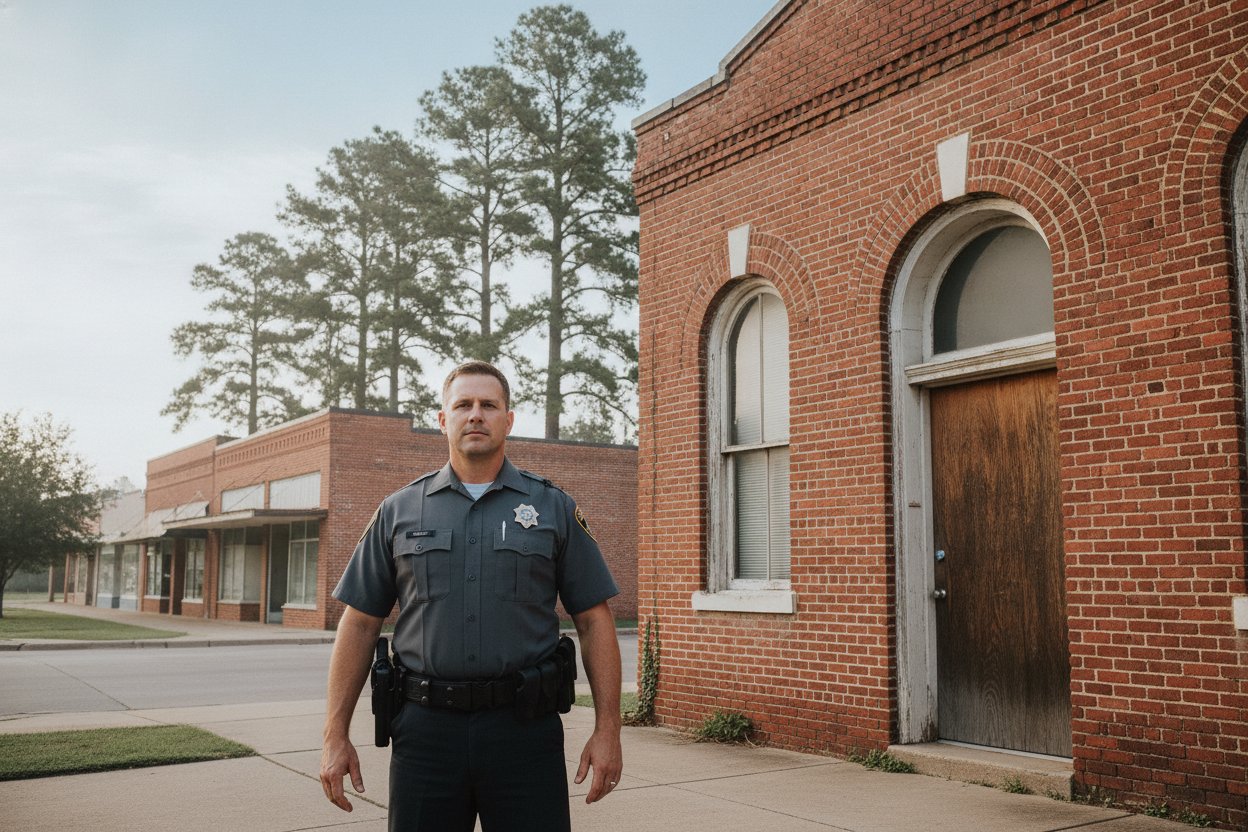 Armed commissioned security officer outside a red brick building on a small-town square in Gilmer, Texas