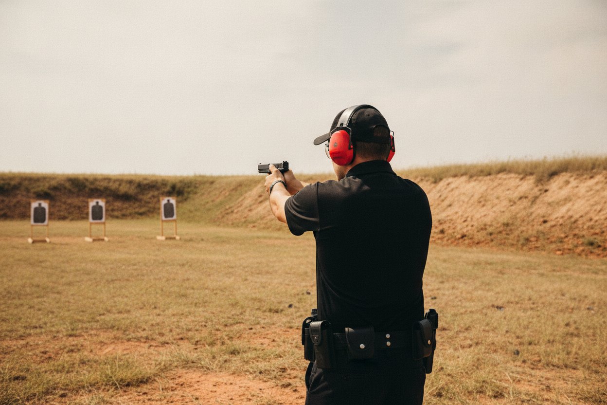 Security officer completing firearms qualification at an outdoor range near Grand Prairie, Texas