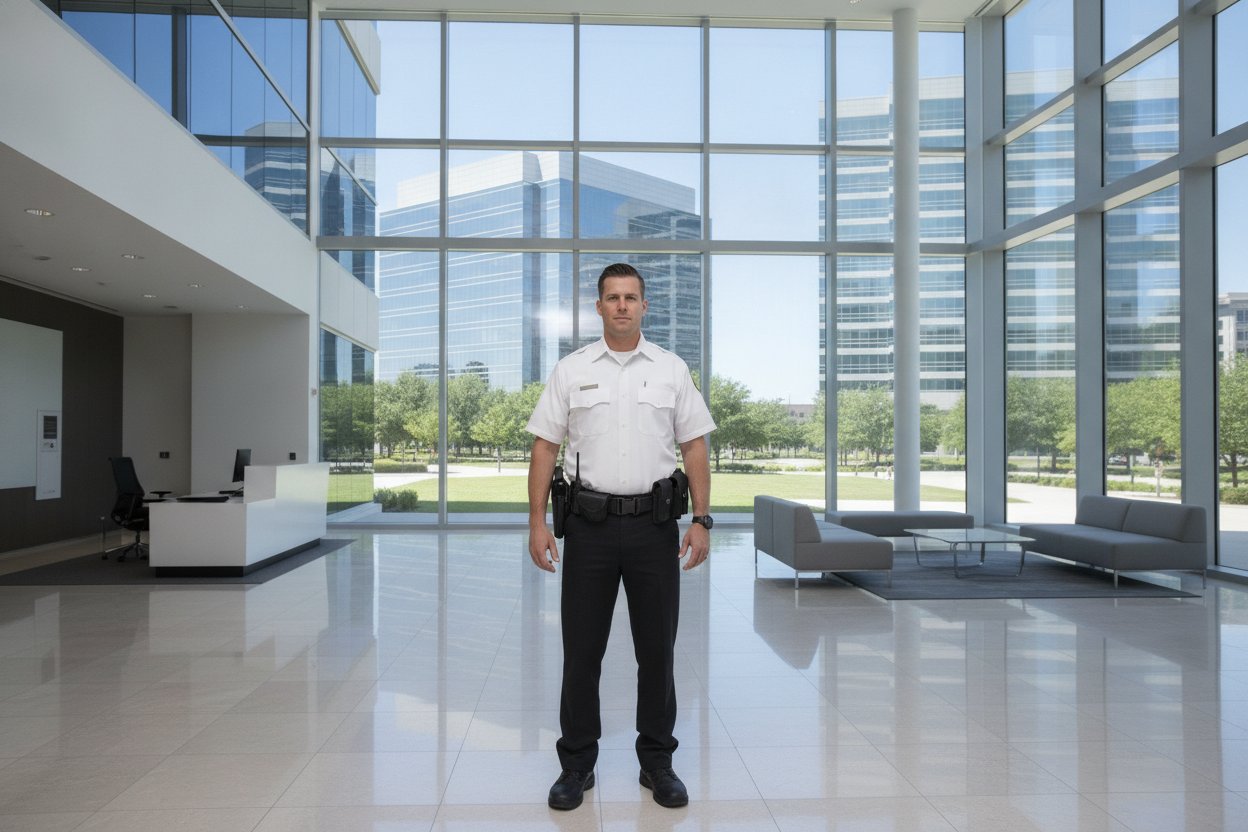 Commissioned security officer posted in a corporate office tower lobby in Irving, Texas