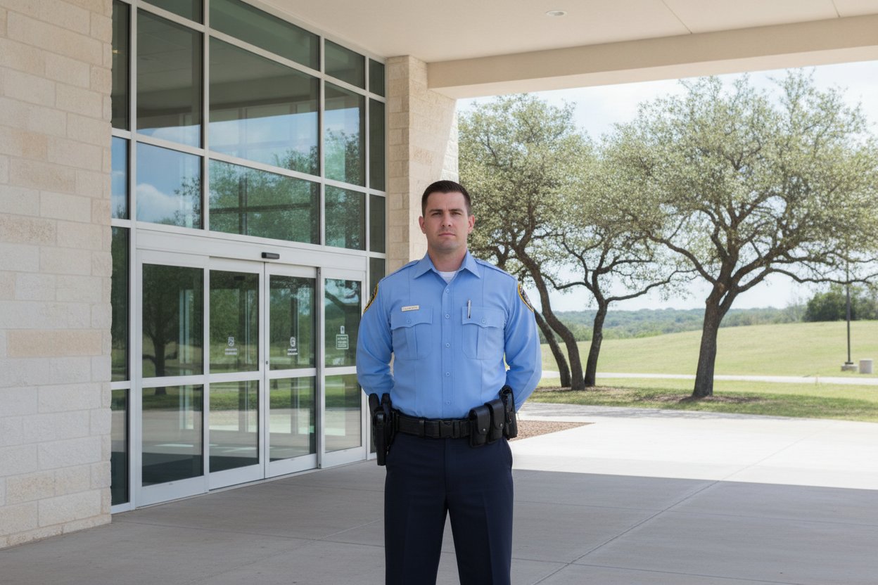 Armed commissioned security officer at a medical center entrance in Killeen, Texas