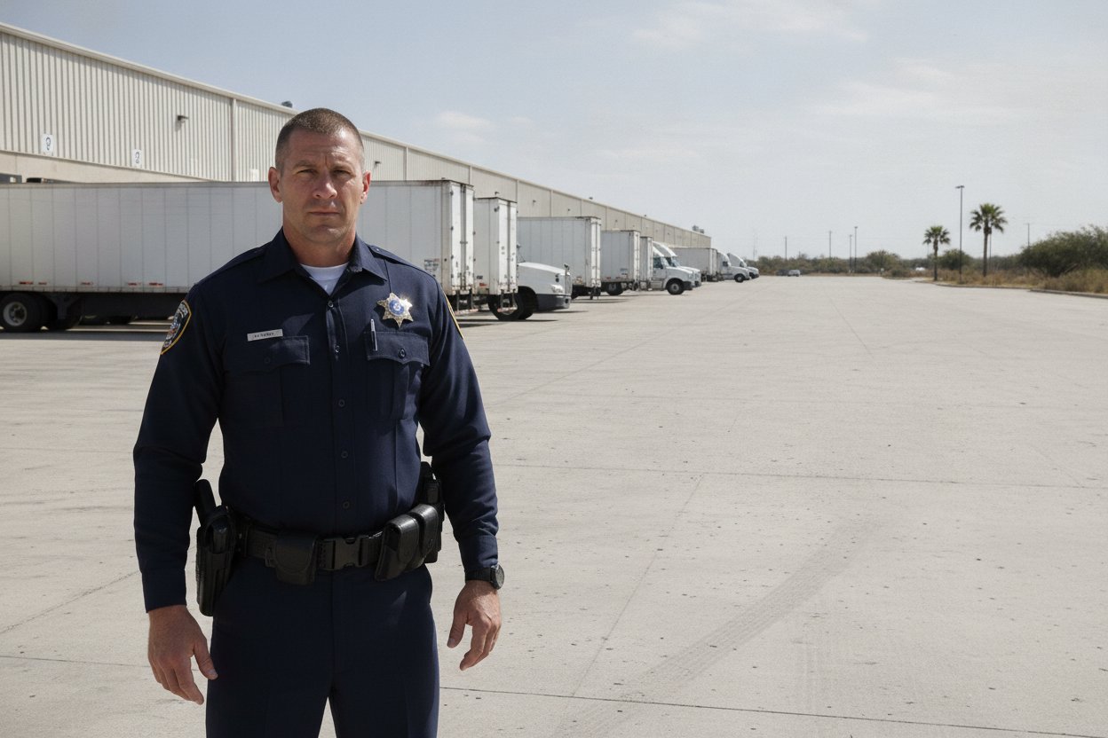 Commissioned security officer at a freight distribution warehouse dock in Laredo, Texas
