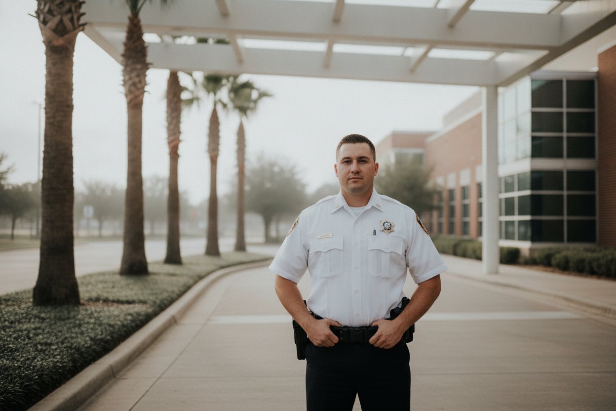 Commissioned security officer at a medical center entrance in League City, Texas