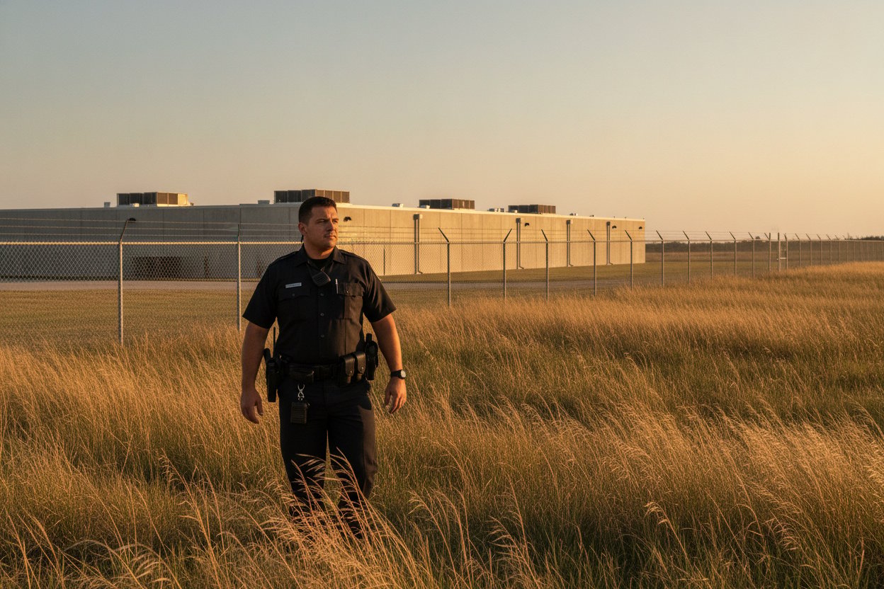 Commissioned security officer patrolling a data center perimeter in Lewisville, Texas