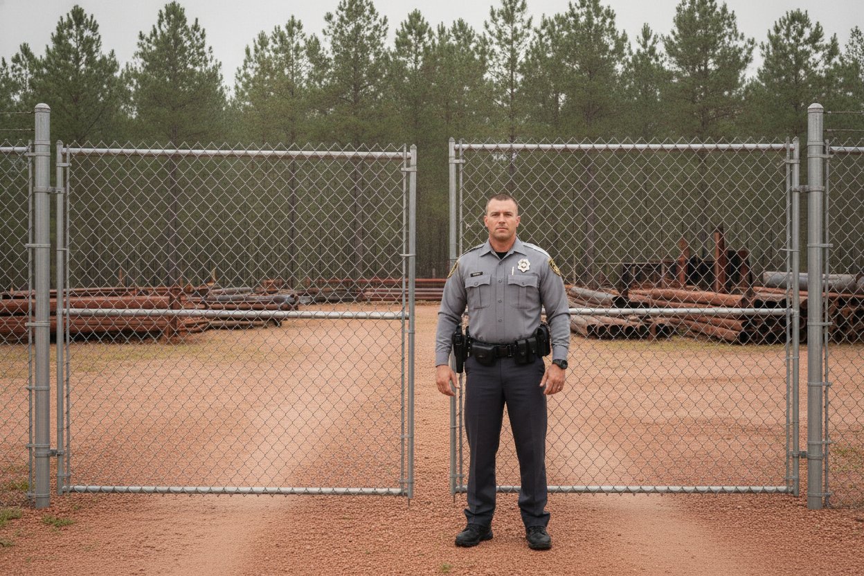 Commissioned security officer at an industrial yard gate in Longview, Texas