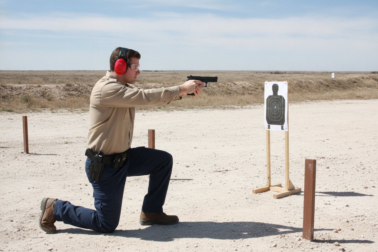 Security officer qualifying with a handgun at an outdoor range near Lubbock, Texas