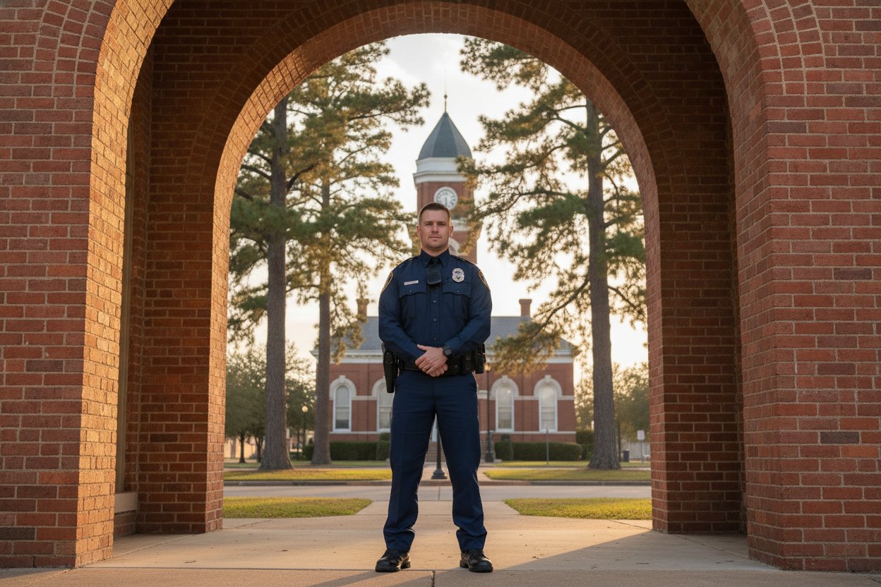 Commissioned security officer on duty outside a red brick downtown building in Marshall, Texas