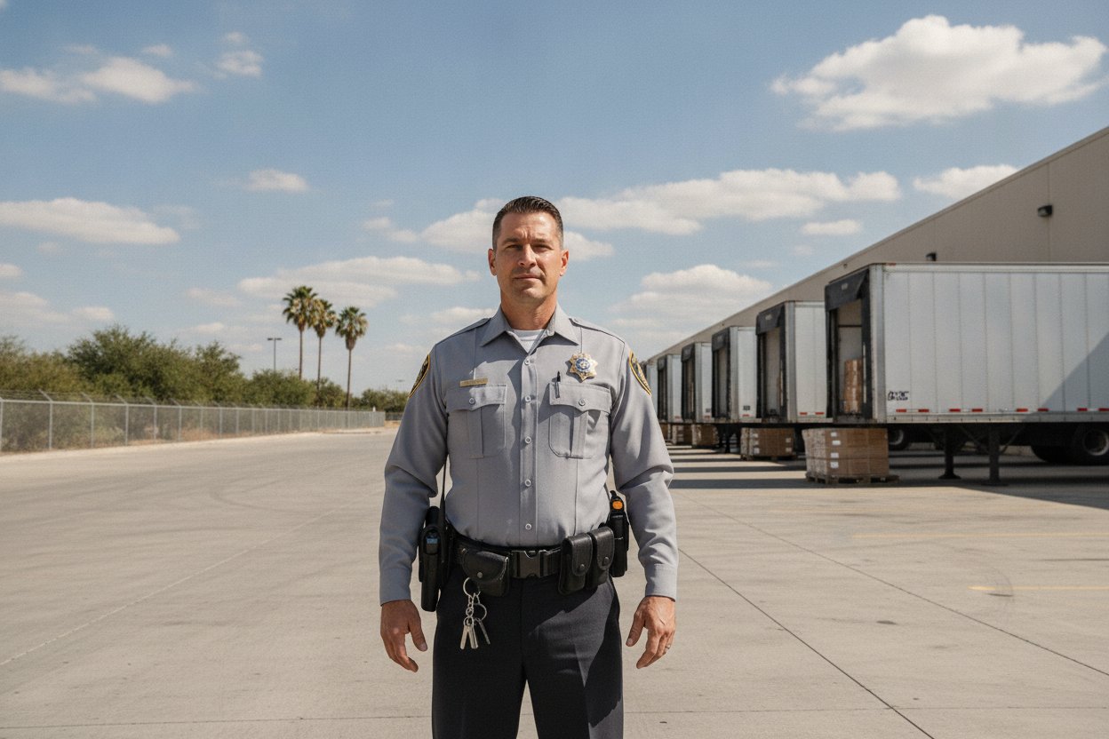 Commissioned security officer at a distribution warehouse dock in McAllen, Texas