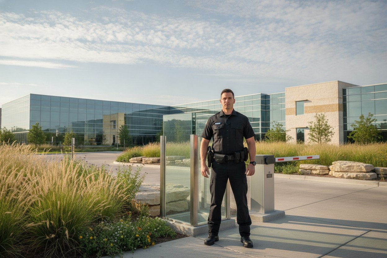 Commissioned security officer at an office park gate in McKinney, Texas