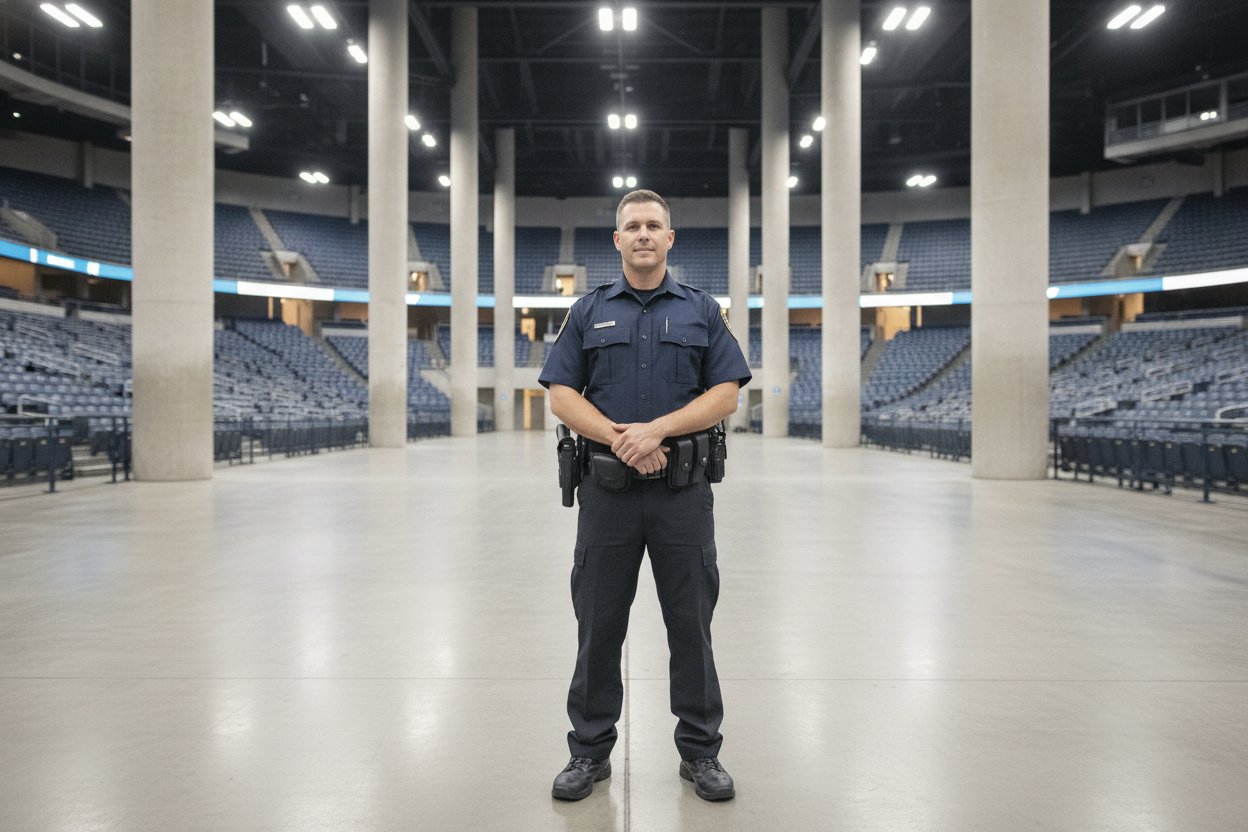 Commissioned security officer working an event venue concourse in Mesquite, Texas