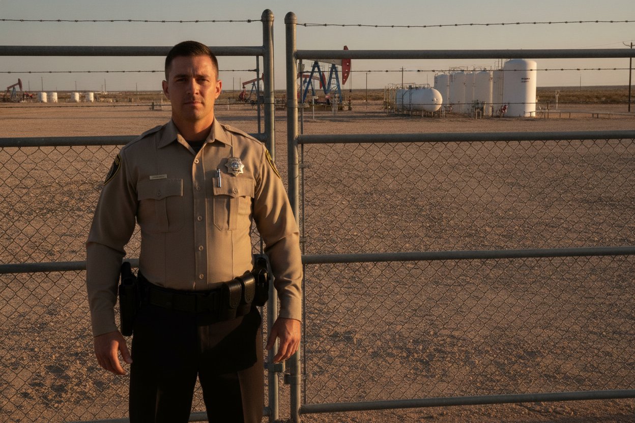 Commissioned security officer at an oilfield industrial plant gate in Midland, Texas