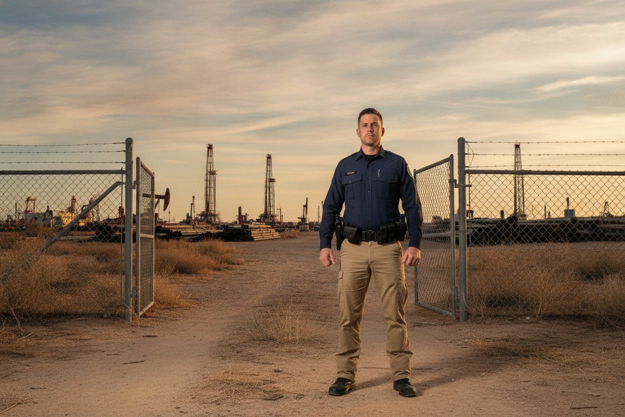 Commissioned armed security officer at an oilfield equipment yard gate in Odessa, Texas