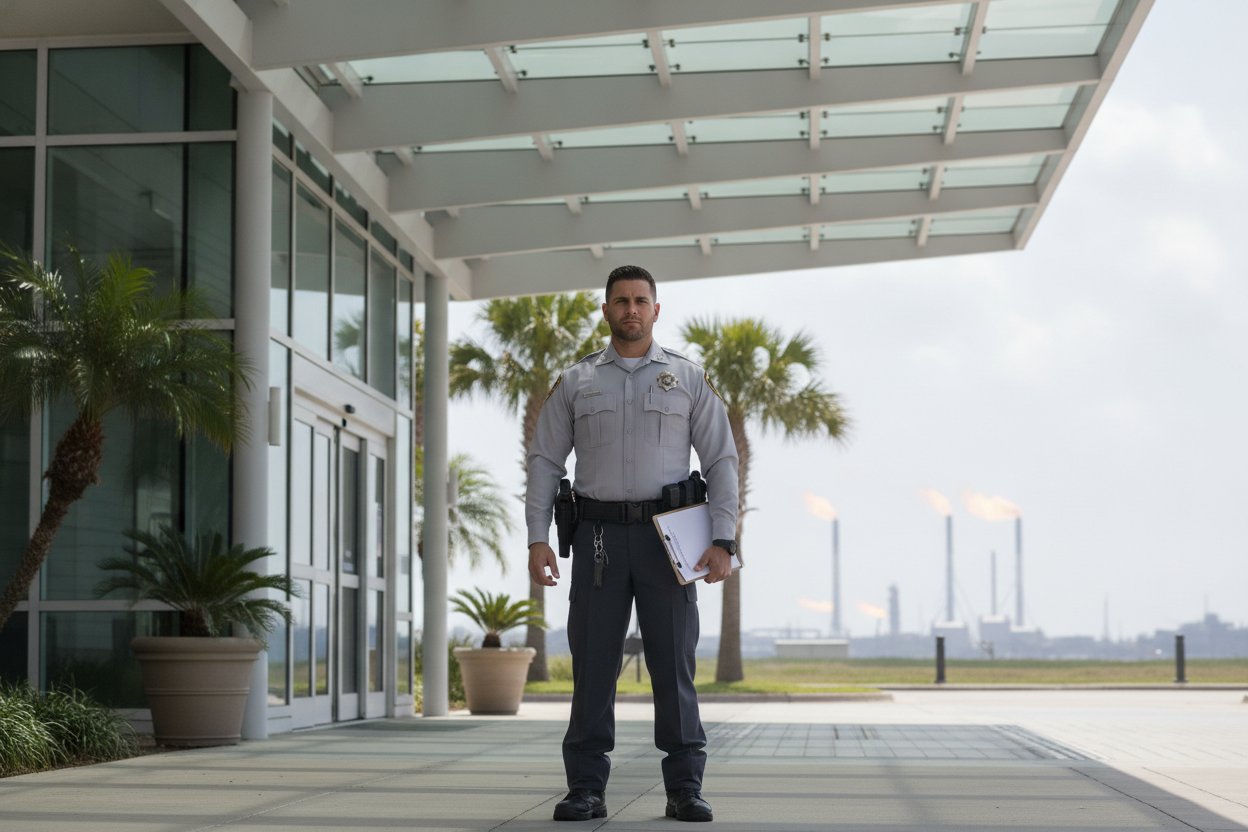 Commissioned security officer at a medical center entrance in Pasadena, Texas