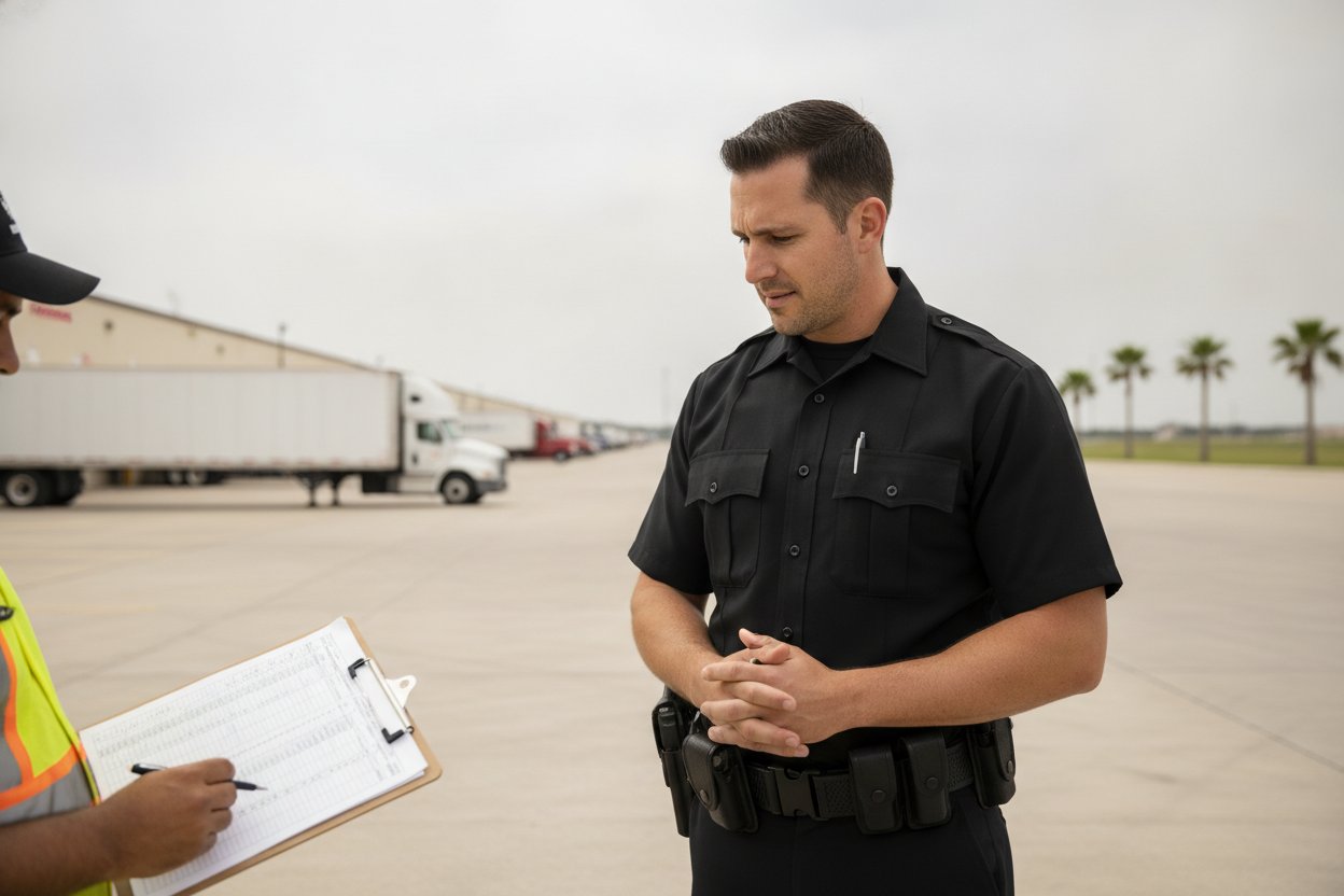 Armed commissioned security officer at a distribution warehouse dock in Pearland, Texas
