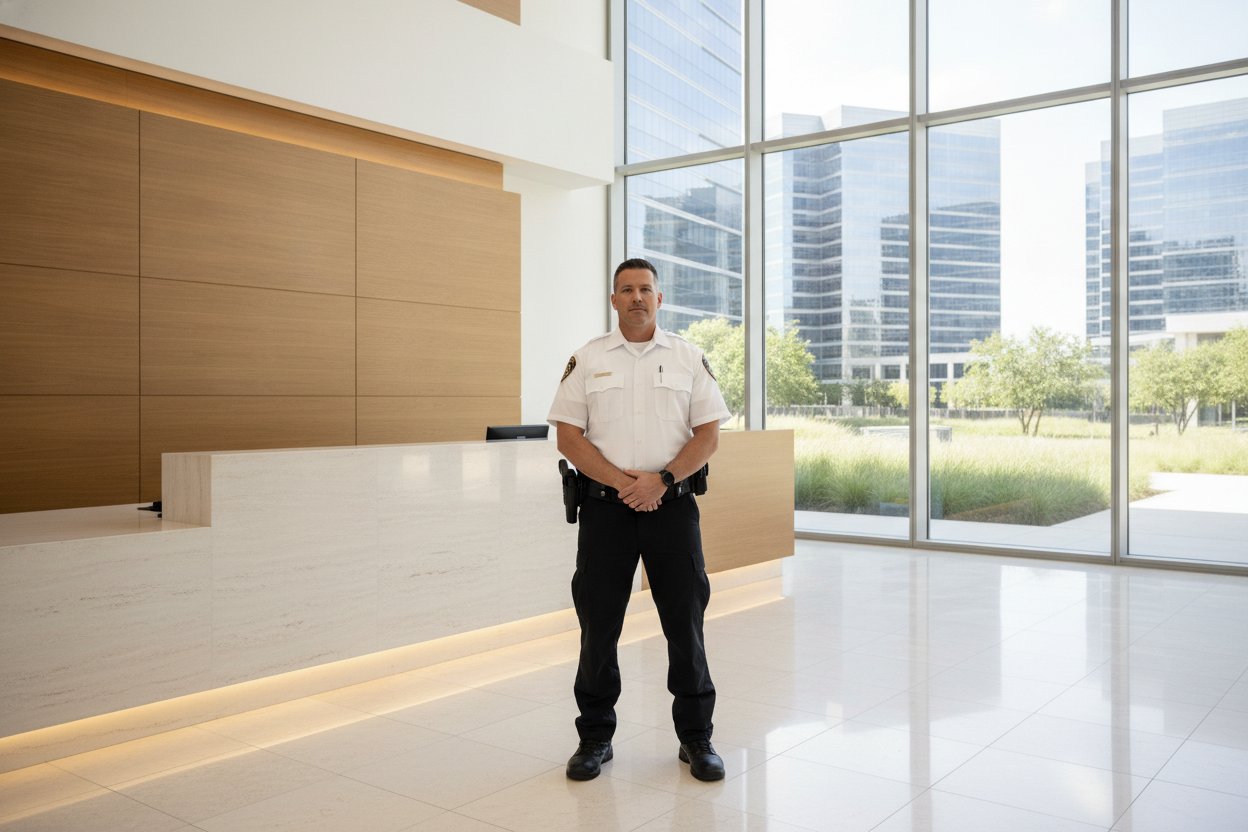 Commissioned security officer in a corporate office lobby in Plano, Texas